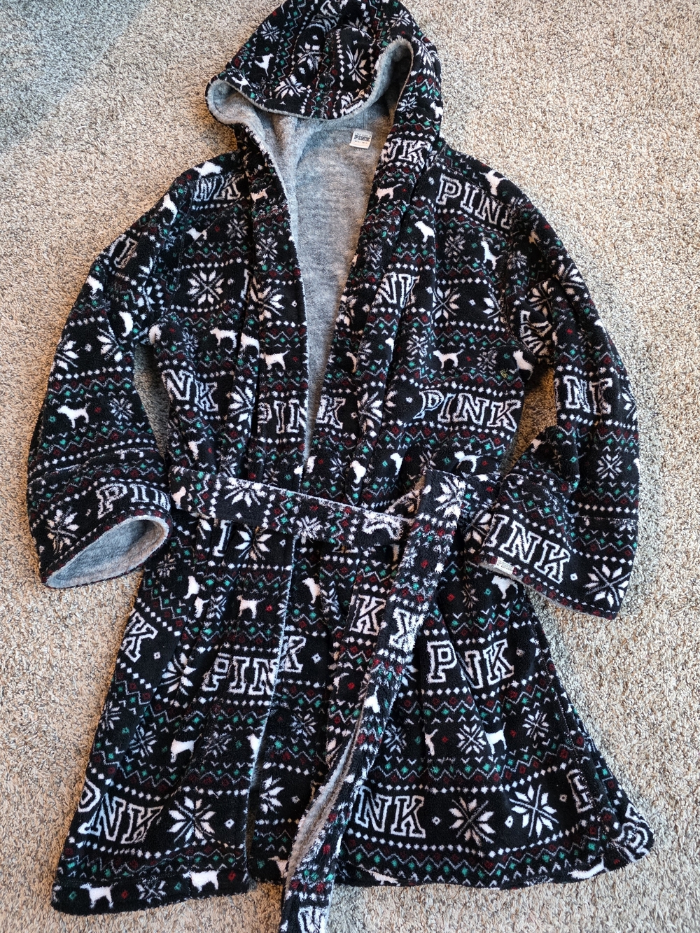 PINK Victoria's Secret Black Patterned Hooded Fleece Robe M/L
